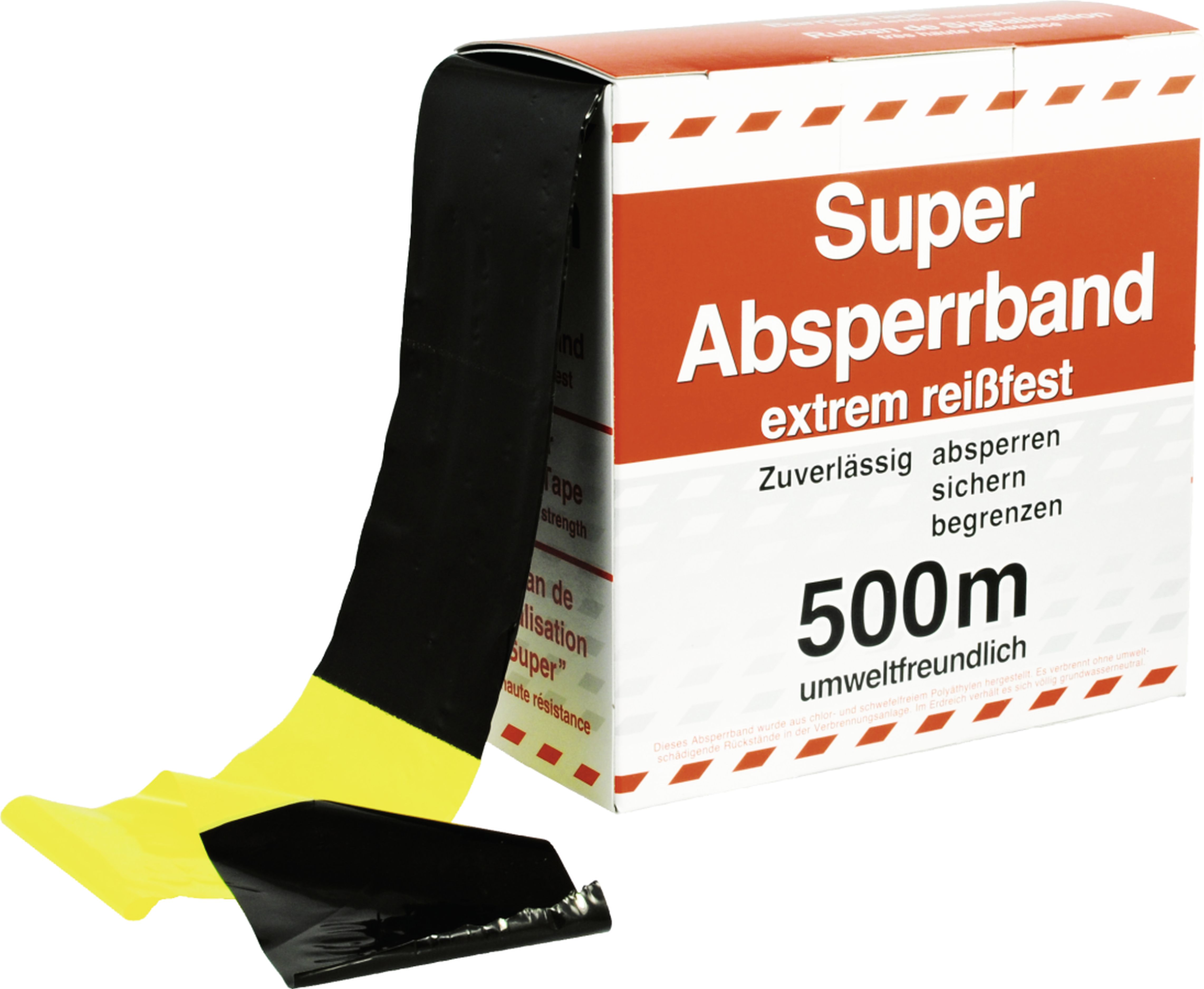 Absperrband PE, schwarz/gelb geblockt, 80mm breit, 500m lang
