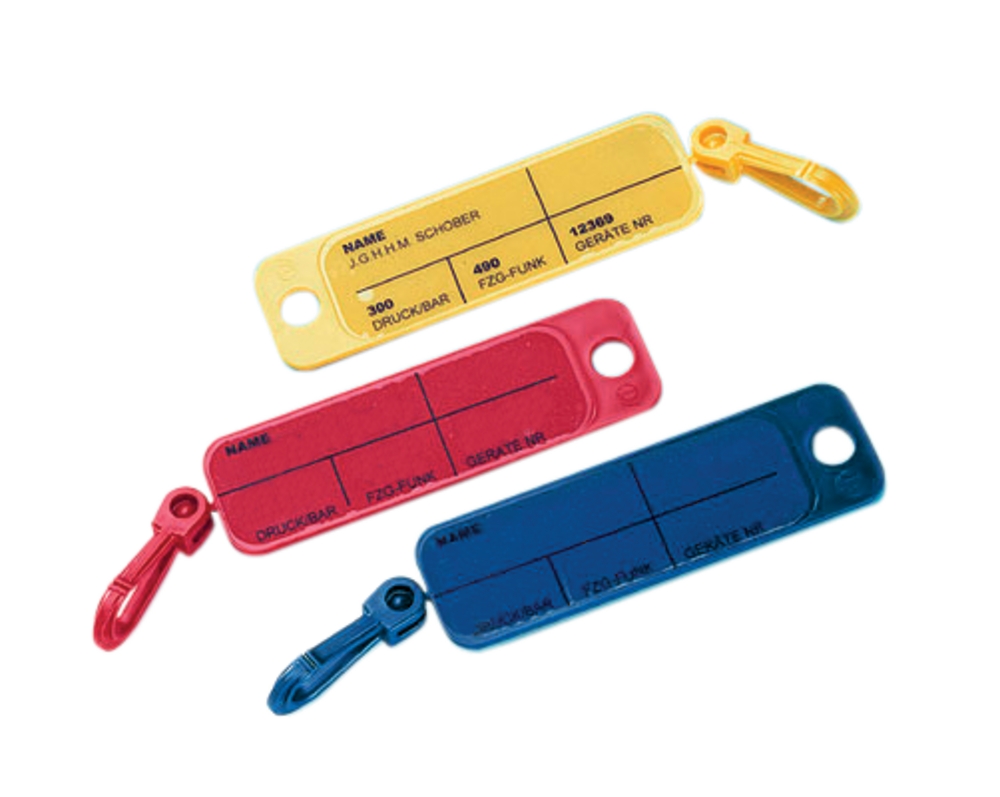 Namensschilder blau mit Karabinerhaken