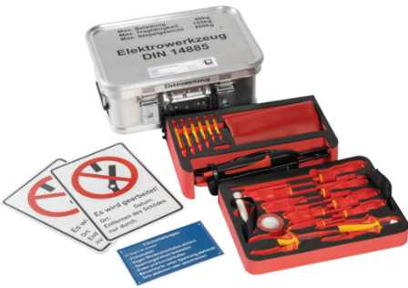 Kasten Elektrowerkzeugsatz mit Einlagen und Inhalt
